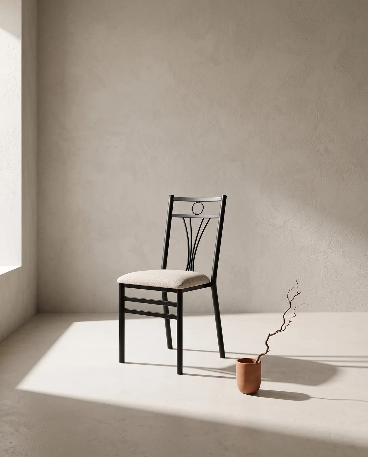 Silla Milano de Alto Metal en un comedor minimalista con luz cálida lateral.